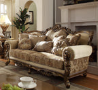 HD-506-3PC Metallic antique gold perfect brown finish wood and multi tone fabric upholstery ornate accents Sofa, Love and Chair living room set lark manor