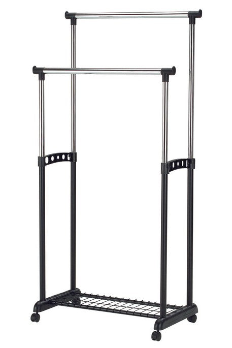 Double Portable Black Coat Check Hanger Rack with Casters, Extensions & Wire Mesh Bottom Rack – 506BK