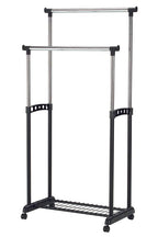Double Portable Black Coat Check Hanger Rack with Casters, Extensions & Wire Mesh Bottom Rack – 506BK