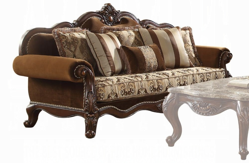 Acme 50655-56 2 pc Astoria grand trimm jardena cherry oak finish wood fabric sofa and love seat set