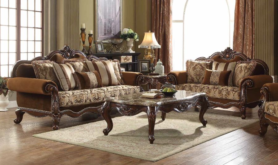 Acme 50655-56 2 pc Astoria grand trimm jardena cherry oak finish wood fabric sofa and love seat set