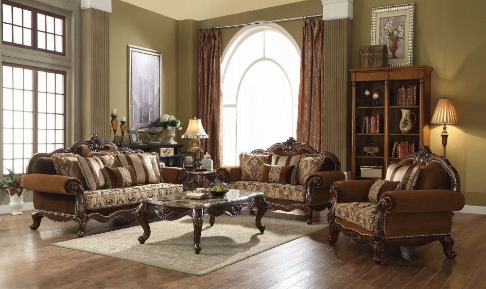 Acme 50655-56 2 pc Astoria grand trimm jardena cherry oak finish wood fabric sofa and love seat set