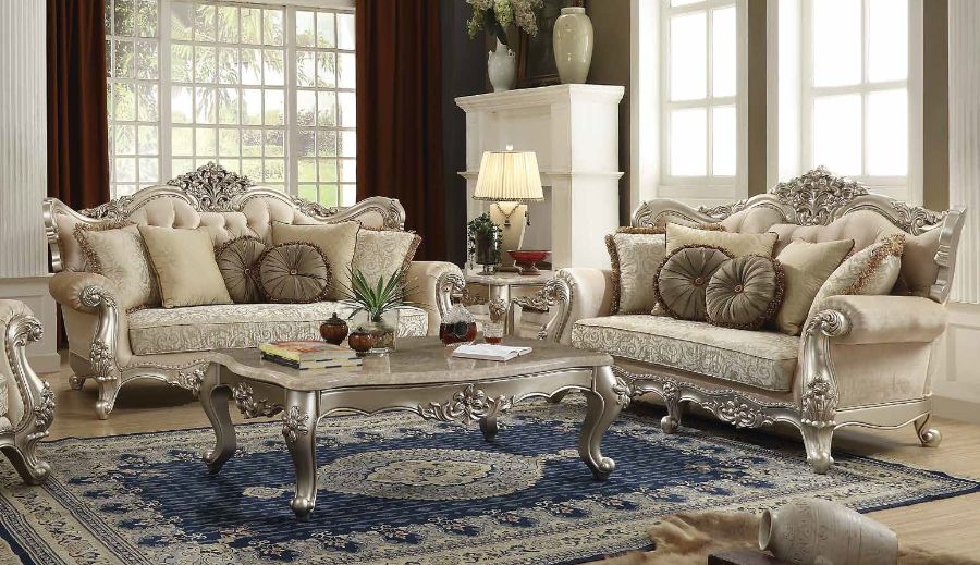 Acme 50660-61 2 pc Astoria grand desmond bently champagne finish wood fabric sofa and love seat set