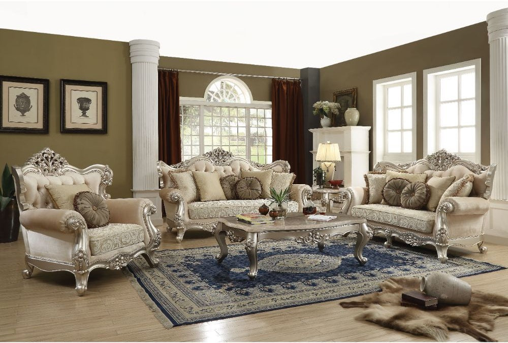 Acme 50660-61 2 pc Astoria grand desmond bently champagne finish wood fabric sofa and love seat set