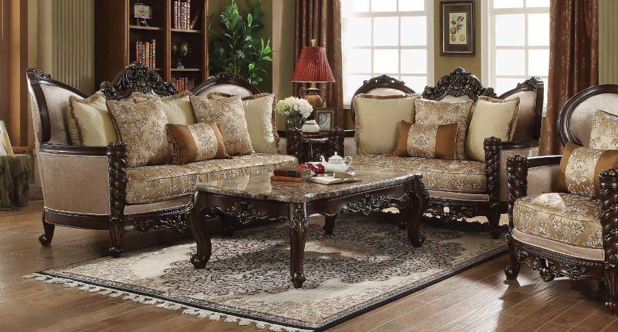 Acme 50685-86 2 pc Astoria grand frederick devayne walnut finish wood fabric sofa and love seat set