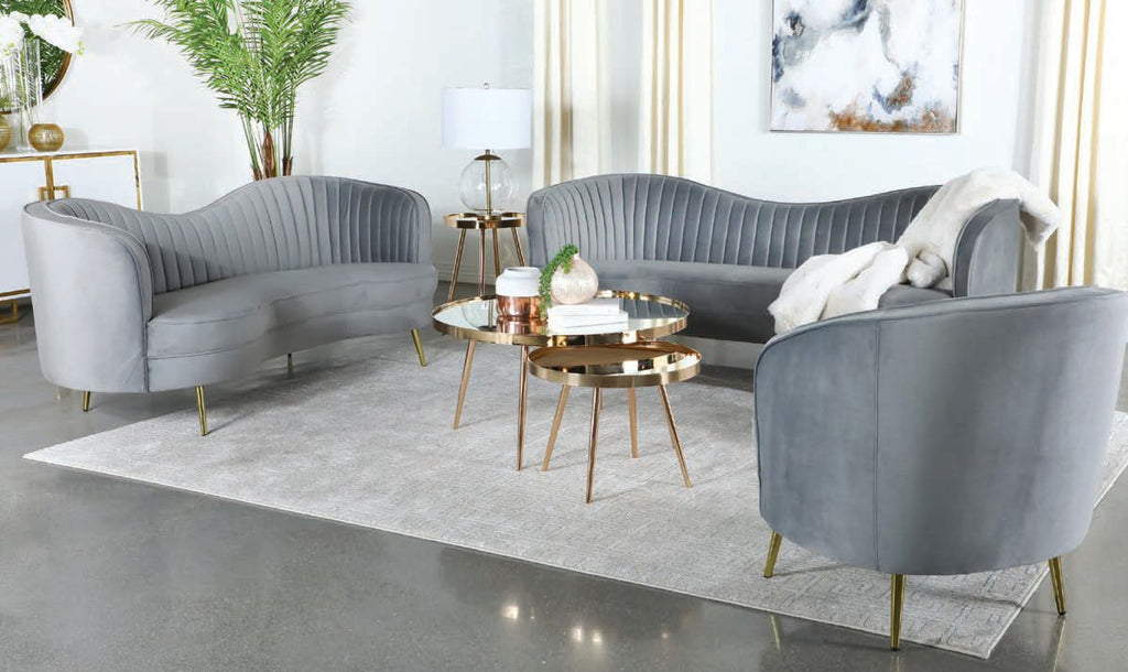 Coaster 506864-S2 2 pc Strick & Bolton la rose sophia grey velvet fabric sofa and love seat set curved backs gold legs