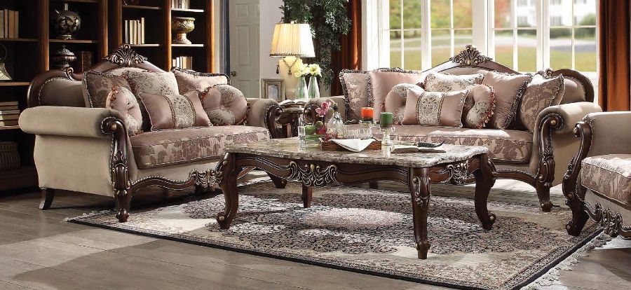 Acme 50690-91 2 pc Astoria grand nebel mehadi walnut finish wood velvet fabric sofa and love seat set