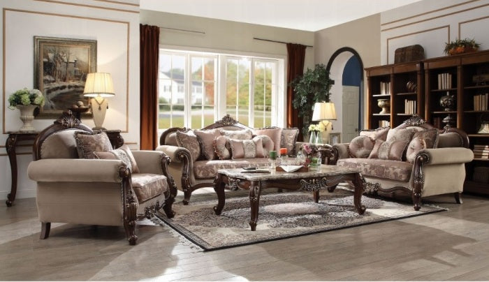 Acme 50690-91 2 pc Astoria grand nebel mehadi walnut finish wood velvet fabric sofa and love seat set