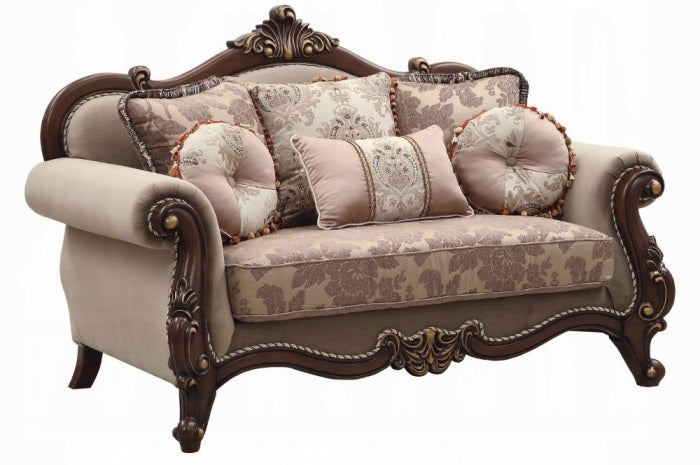 Acme 50690-91 2 pc Astoria grand nebel mehadi walnut finish wood velvet fabric sofa and love seat set