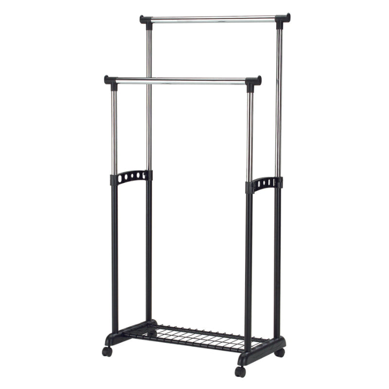 Double Portable Black Coat Check Hanger Rack with Casters, Extensions & Wire Mesh Bottom Rack – 506BK