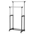 Double Portable Black Coat Check Hanger Rack with Casters, Extensions & Wire Mesh Bottom Rack – 506BK