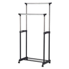 Double Portable Black Coat Check Hanger Rack with Casters, Extensions & Wire Mesh Bottom Rack – 506BK