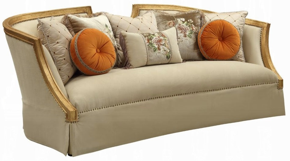 Acme 50835-36 2 pc Astoria grand neece daesha antique gold finish wood fabric sofa and love seat set