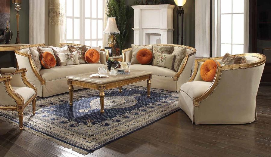 Acme 50835-36 2 pc Astoria grand neece daesha antique gold finish wood fabric sofa and love seat set