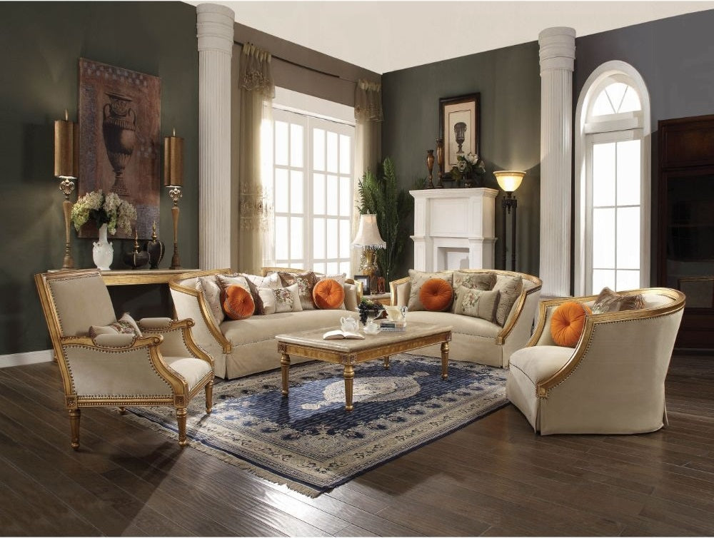 Acme 50835-36 2 pc Astoria grand neece daesha antique gold finish wood fabric sofa and love seat set