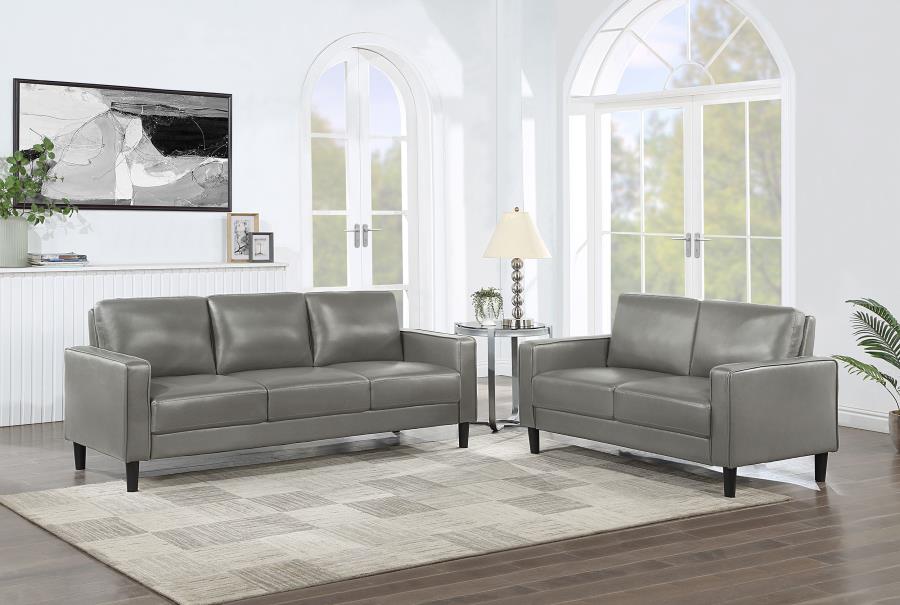Coaster 508365-S2 2 pc Ruth grey faux leather sofa and love seat set with track arms
