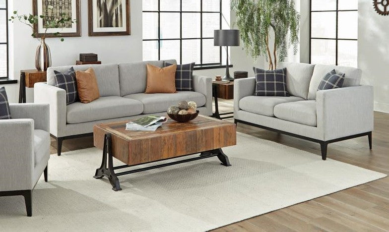 Coaster 508681-S2 2 pc Gracie oaks tyndall apperson light gray linen like fabric sofa and love seat set black wood trim