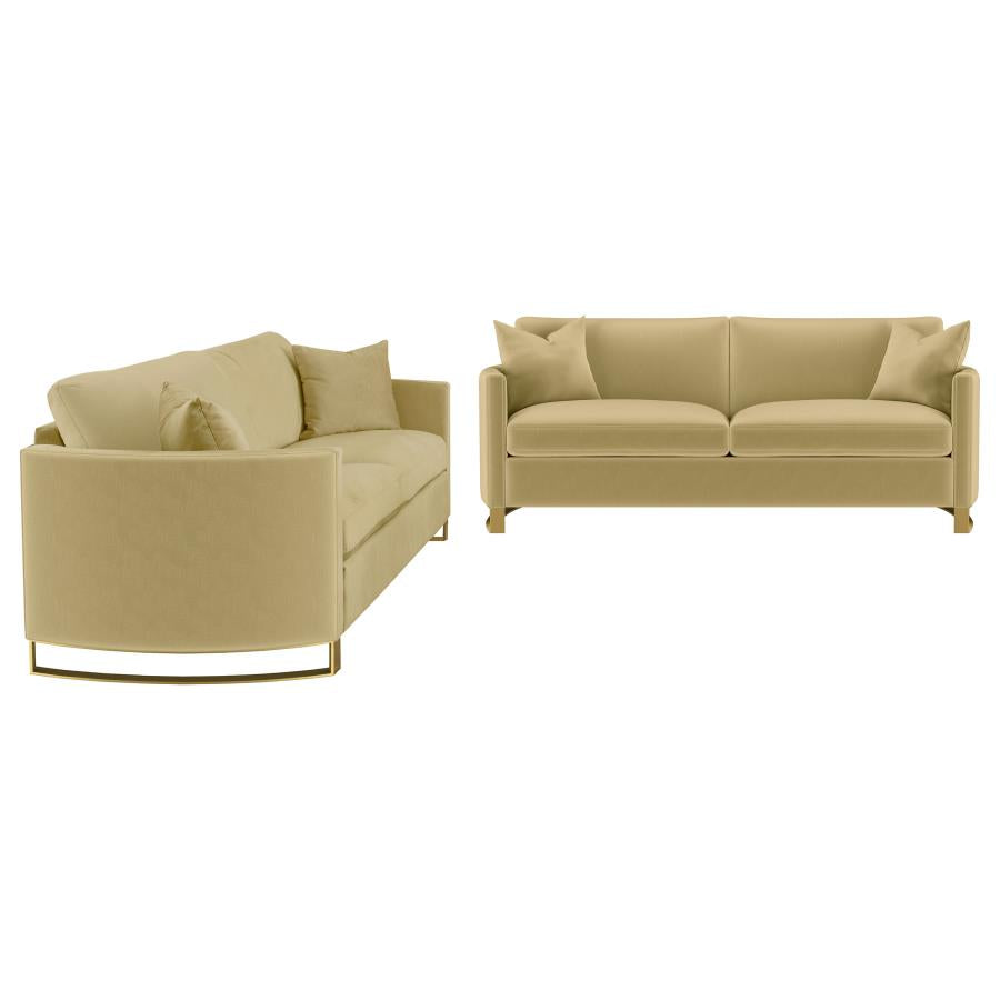 Coaster 508824-S2 2 pc Corliss camel velvet fabric sofa and love seat set with round arms and gold legs