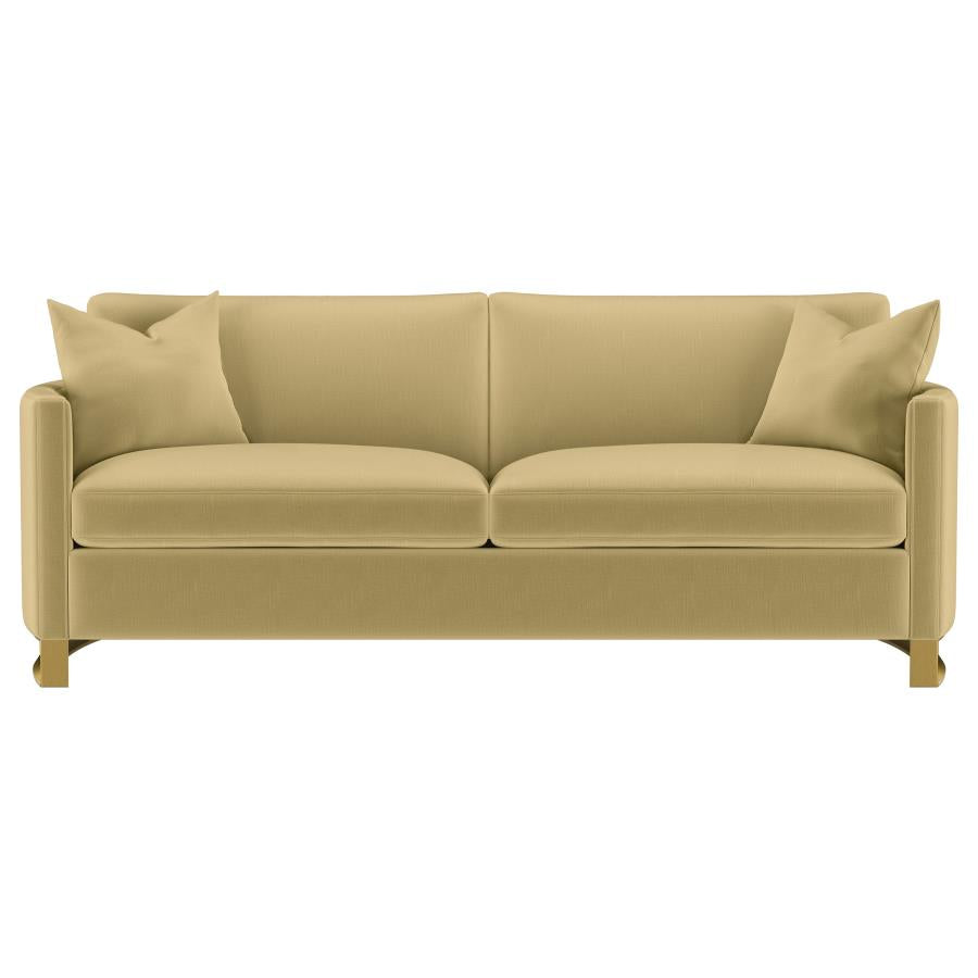 Coaster 508824-S2 2 pc Corliss camel velvet fabric sofa and love seat set with round arms and gold legs