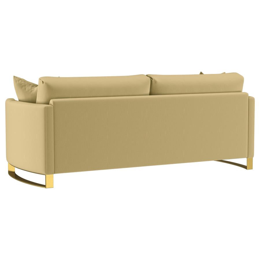Coaster 508824-S2 2 pc Corliss camel velvet fabric sofa and love seat set with round arms and gold legs