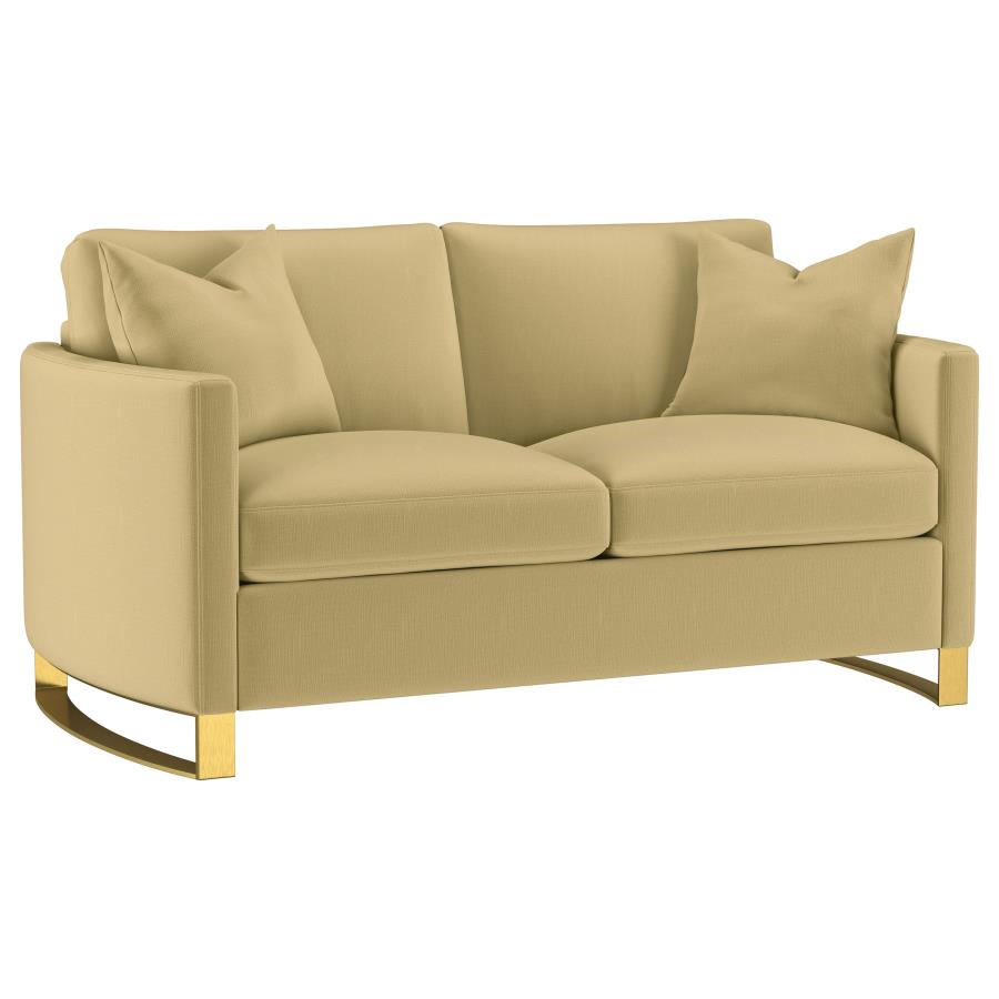 Coaster 508824-S2 2 pc Corliss camel velvet fabric sofa and love seat set with round arms and gold legs