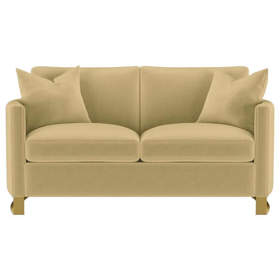 Coaster 508824-S2 2 pc Corliss camel velvet fabric sofa and love seat set with round arms and gold legs