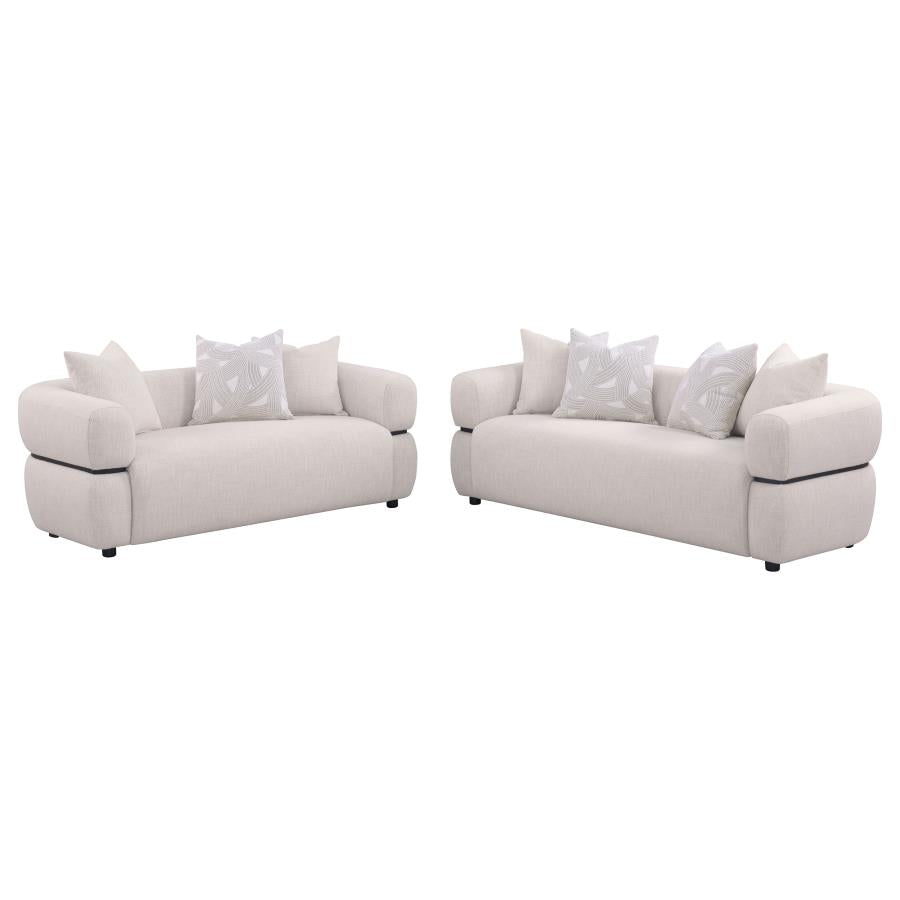 Coaster 508961-S2 2 pc Jeanette beige fabric sofa and love seat set with round arms and center accent