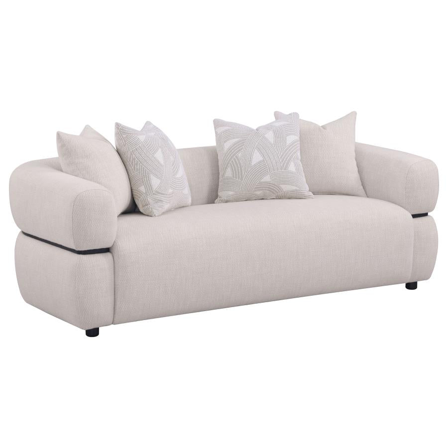 Coaster 508961-S2 2 pc Jeanette beige fabric sofa and love seat set with round arms and center accent