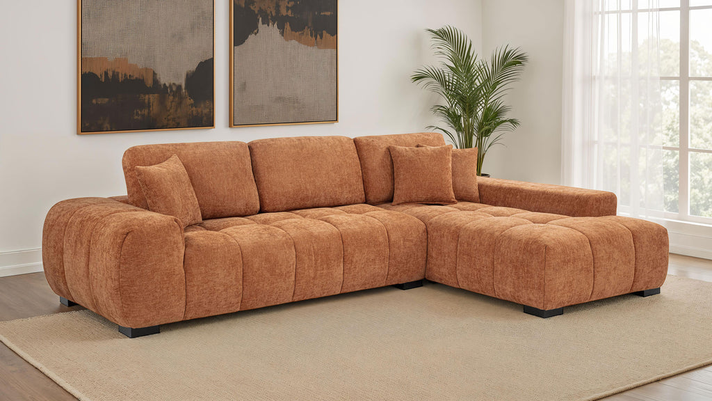 Octavia Orange Fabric Grid-Tufted Mid-Century Modern Sectional Sofa with Chaise – 509350