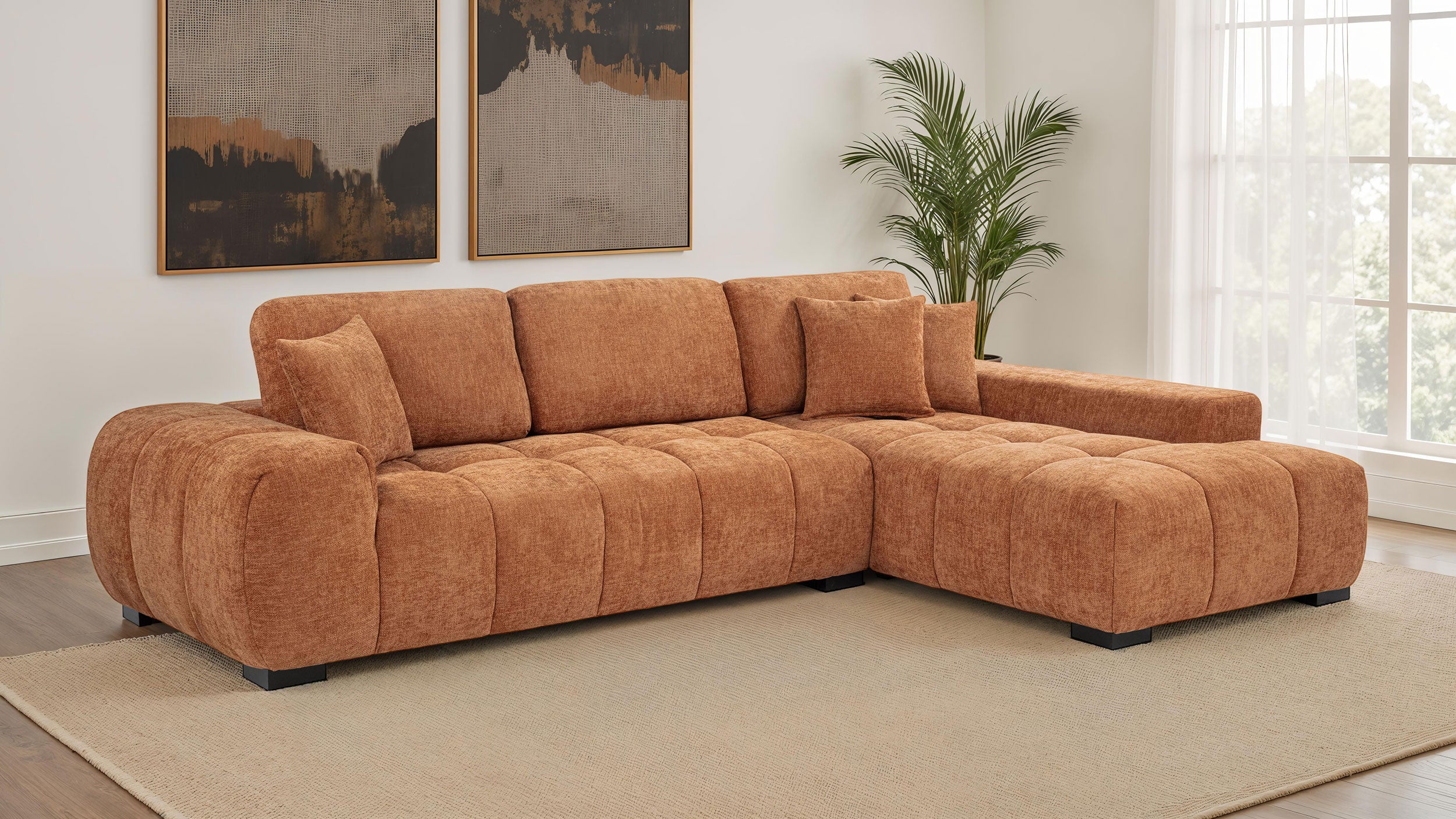 Octavia Orange Fabric Grid-Tufted Mid-Century Modern Sectional Sofa with Chaise – 509350