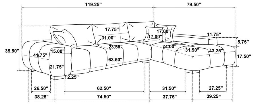 Coaster 509965 Octavia charcoal grey soft fabric tufted mid-century modern sectional sofa with chaise