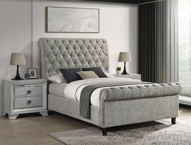 Crown mark 5103LG Kate light grey tweed fabric upholstered button tufted queen bed set