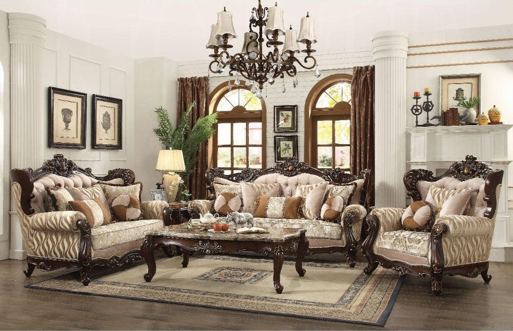 Acme 51050-51 2 pc Astoria grand camren shalisa walnut finish wood fabric sofa and love seat set