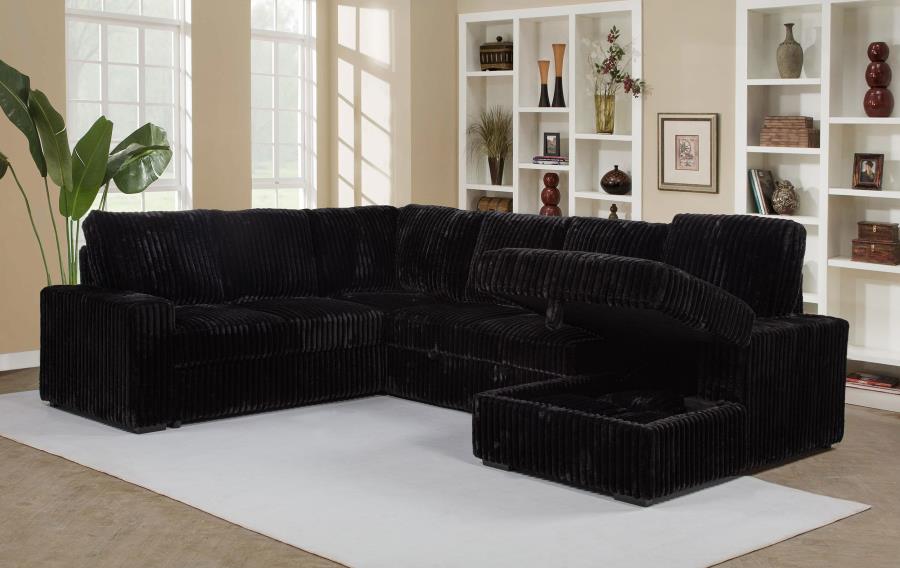 Coaster 511049 3 pc Devonshire black corduroy fabric sectional sofa with storage chaise and pop up sleep area
