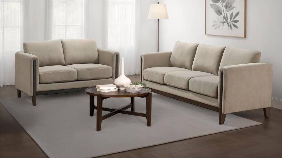 Coaster 511101-S2 2 pc Islington taupe textured fabric sofa and love seat set with panel arms and wood trim