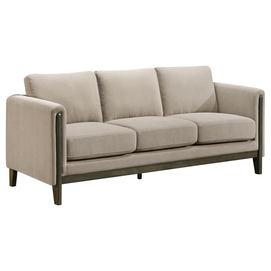 Coaster 511101-S2 2 pc Islington taupe textured fabric sofa and love seat set with panel arms and wood trim