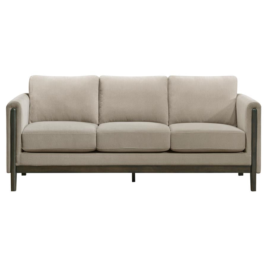 Coaster 511101-S2 2 pc Islington taupe textured fabric sofa and love seat set with panel arms and wood trim