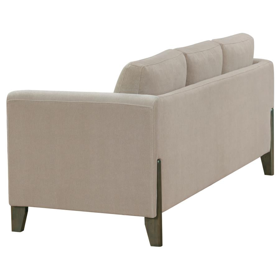 Coaster 511101-S2 2 pc Islington taupe textured fabric sofa and love seat set with panel arms and wood trim