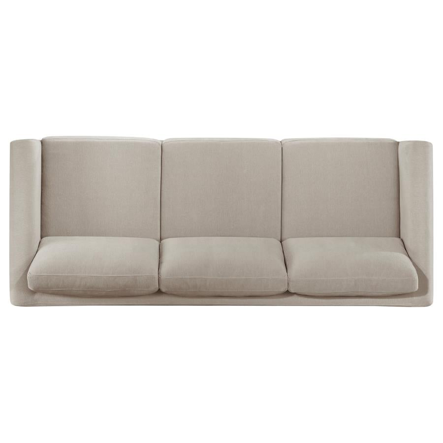 Coaster 511101-S2 2 pc Islington taupe textured fabric sofa and love seat set with panel arms and wood trim