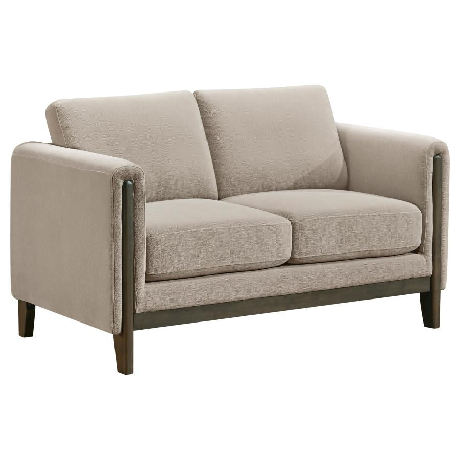 Coaster 511101-S2 2 pc Islington taupe textured fabric sofa and love seat set with panel arms and wood trim
