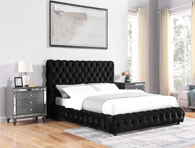 Crown mark 5112BK-Q Flory black fabric upholstered button tufted headboard platform queen bed set