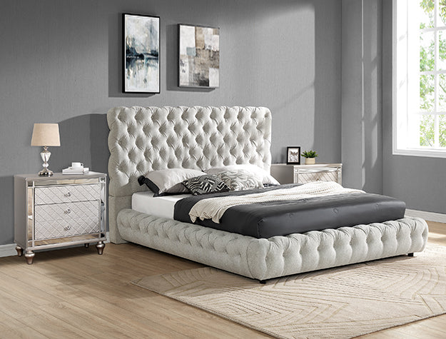 Crown mark 5112DV-K Flory dove grey fabric upholstered button tufted headboard platform eastern king bed set