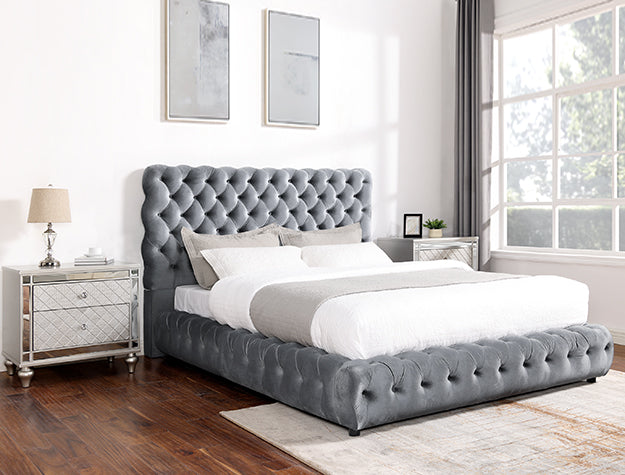 Crown mark 5112GY-Q Flory grey fabric upholstered button tufted headboard platform queen bed set