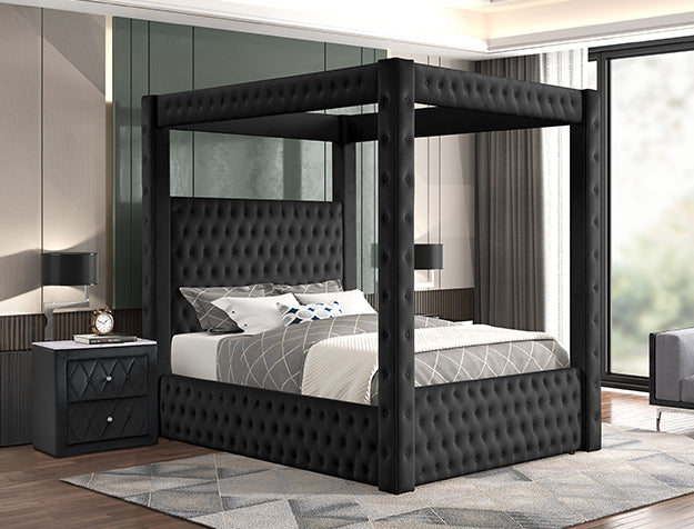 Annabelle Black Fabric Button Tufted Canopy Bed – 5114BK