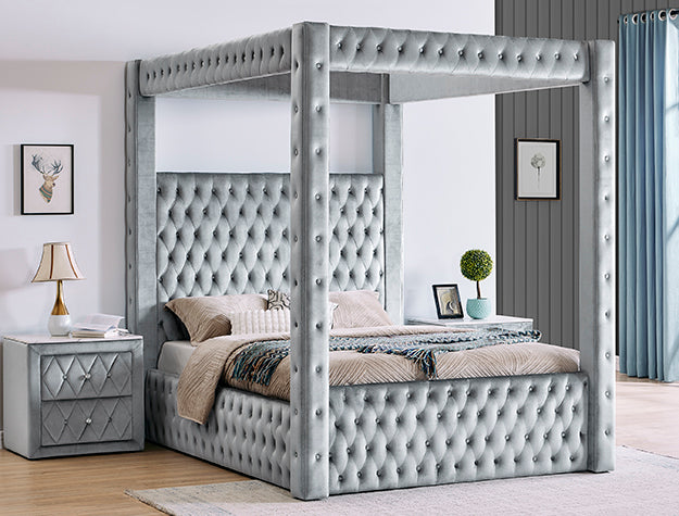 Crown Mark 5114GY Annabelle grey colored fabric upholstered button tufted queen canopy bed