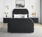 Crown Mark 5115BK Natalia black velvet fabric tufted queen bed with TV lift and built in LED Fireplace
