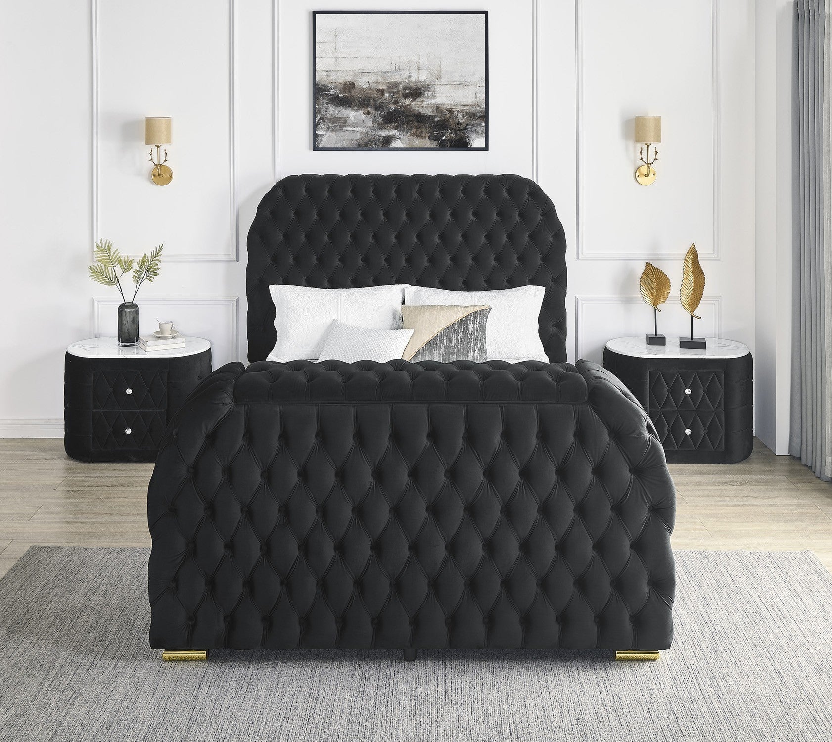 Crown Mark 5115BK Natalia black velvet fabric tufted queen bed with TV lift and built in LED Fireplace