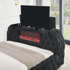 Crown Mark 5115BK Natalia black velvet fabric tufted queen bed with TV lift and built in LED Fireplace
