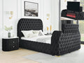 Crown Mark 5115BK Natalia black velvet fabric tufted queen bed with TV lift and built in LED Fireplace