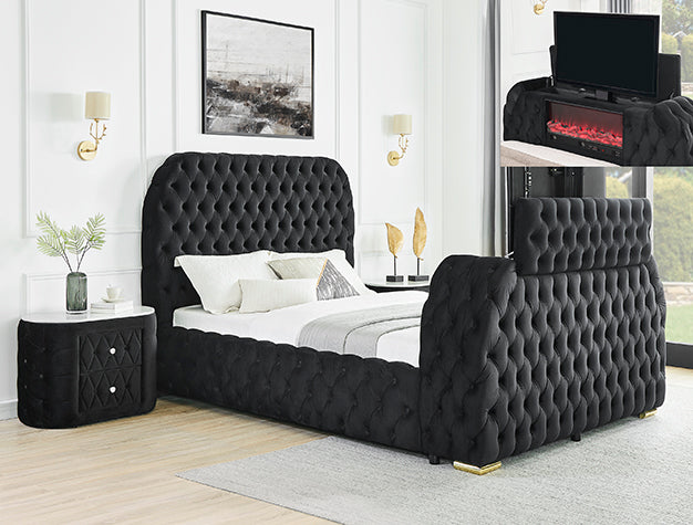 Crown Mark 5115BK Natalia black velvet fabric tufted queen bed with TV lift and built in LED Fireplace